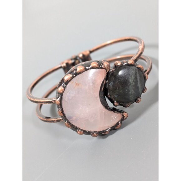 Labradorite Pink Quartz Crescent Moon Hinge Cuff Bracelet Copper Tone 6.5" - Picture 1 of 6